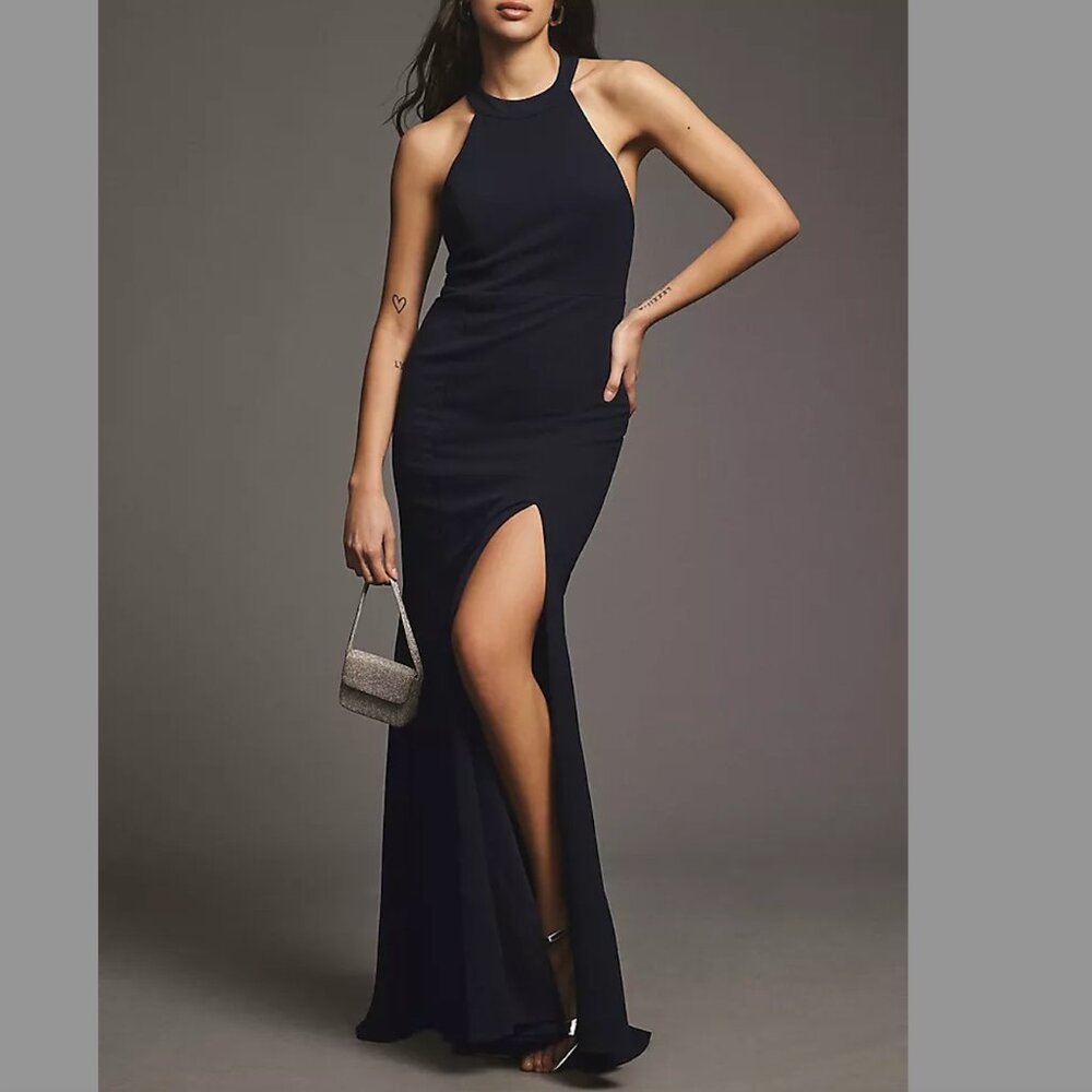 BHLDN Juliana High-Neck Side-Slit Stretch Crepe Maxi Dress Sz 0